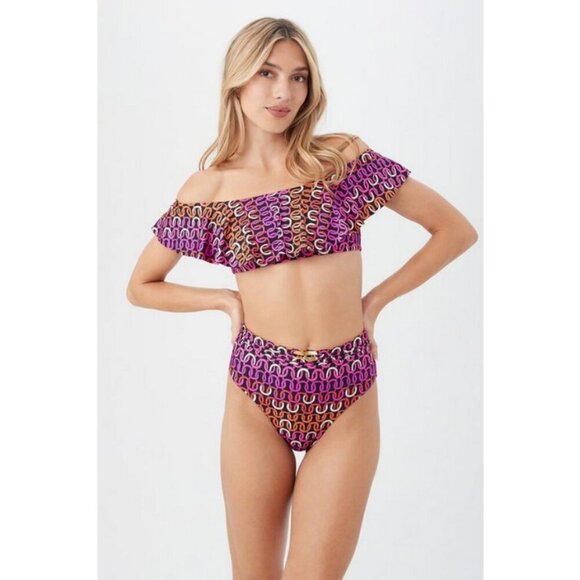 💕TRINA TURK💕 Echo Off The Shoulder Ruffle Bandeau Swim Top Chain Print 6 NWOT - Picture 4 of 12